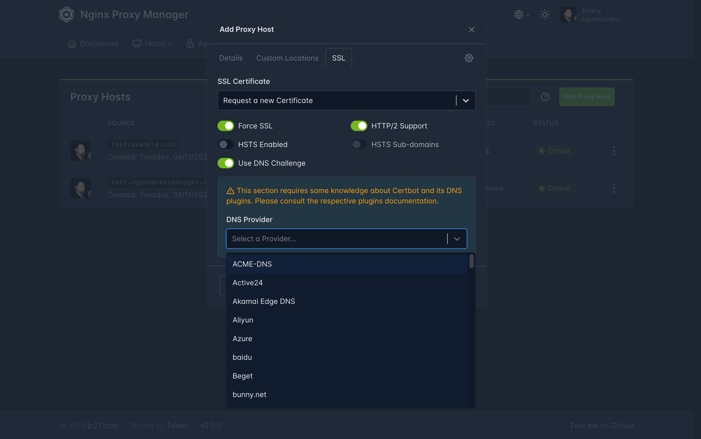 Add Proxy Host with DNS