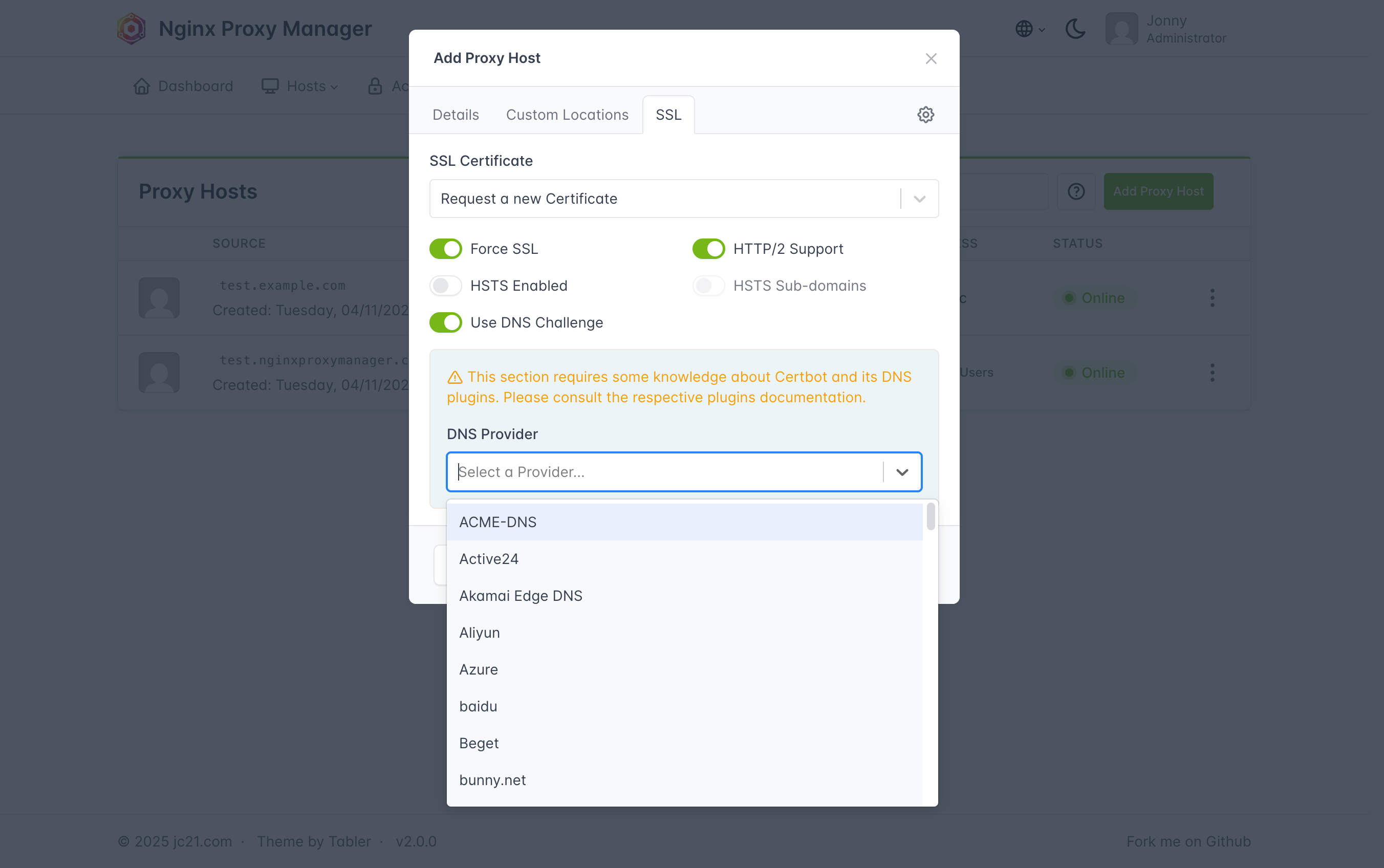 Add Proxy Host with DNS
